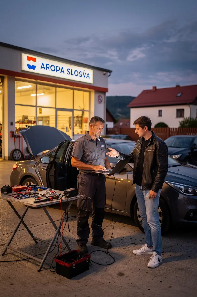 Interiér autoservisu so zariadeniami na testovanie a kalibráciu elektronických systémov vozidiel.
