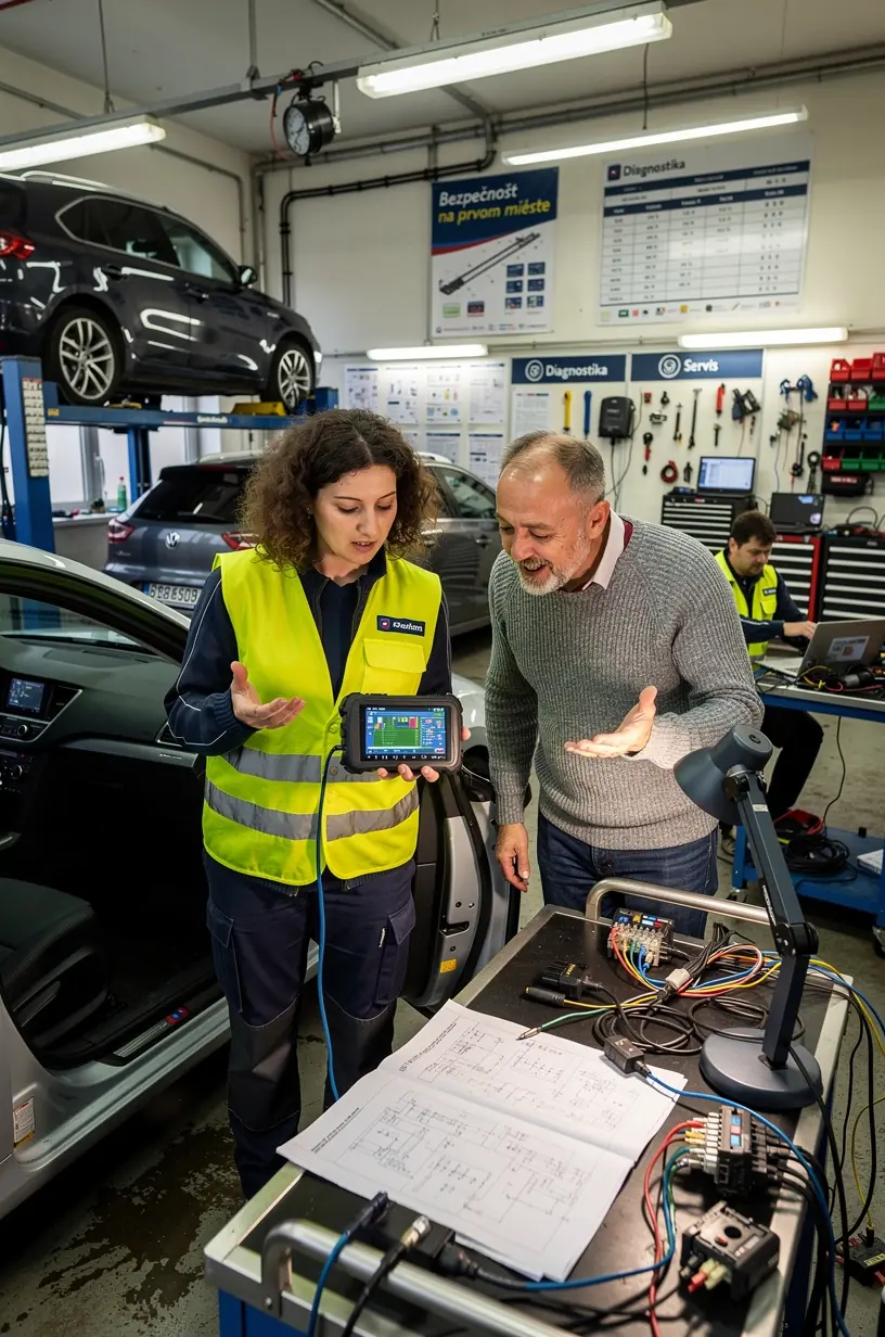 Technik kontroluje batériu a elektrické obvody vozidla v profesionálnej dielni.