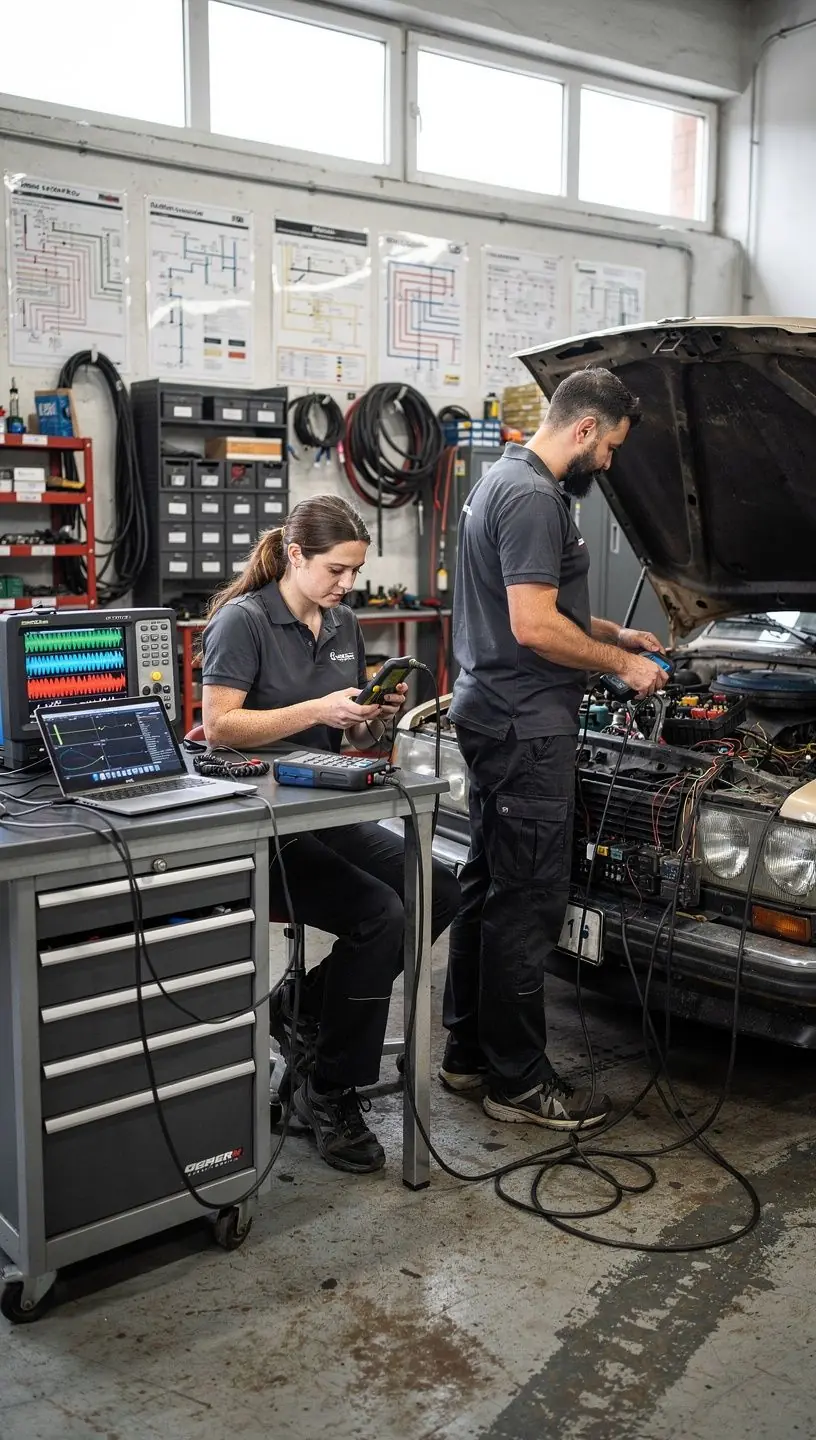 Detailný záber na elektrickú riadiacu jednotku moderného automobilu počas opravy.